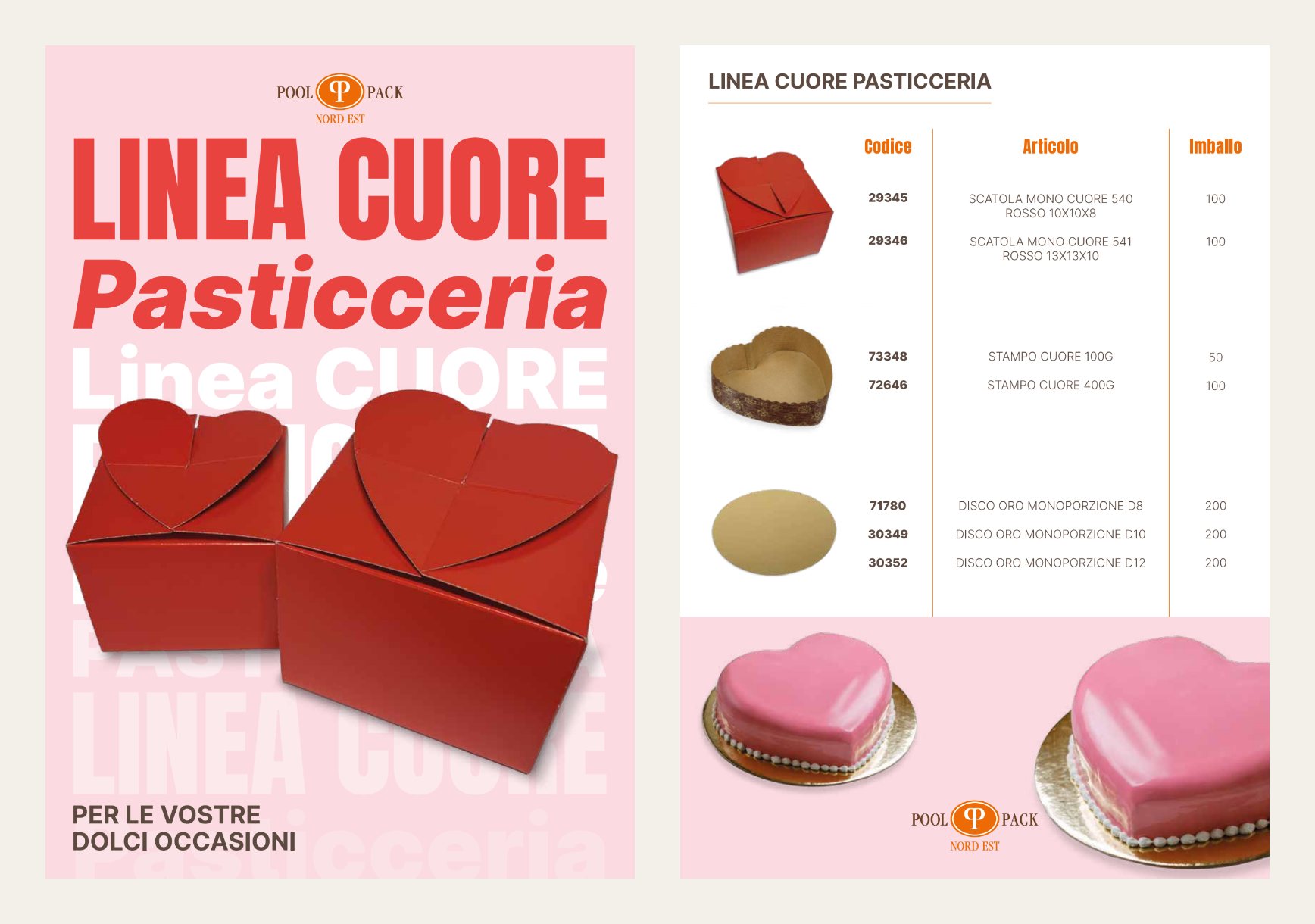 Pool Pack, flyer Linea Cuore Pasticceria fronte e retro