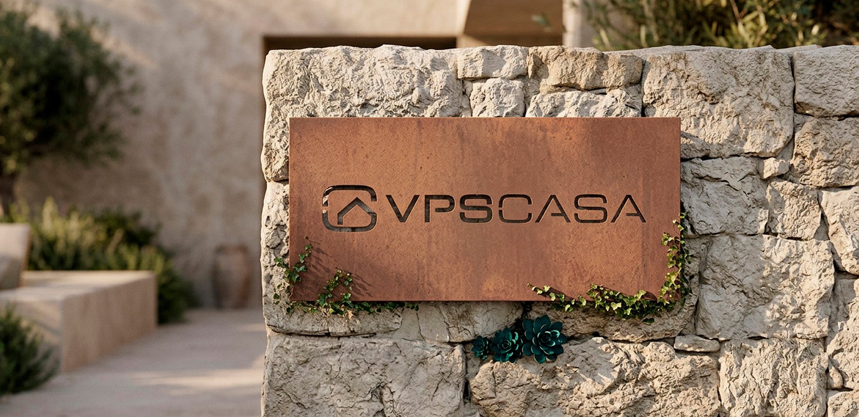 Insegna VPS Casa in corten su muro in pietra